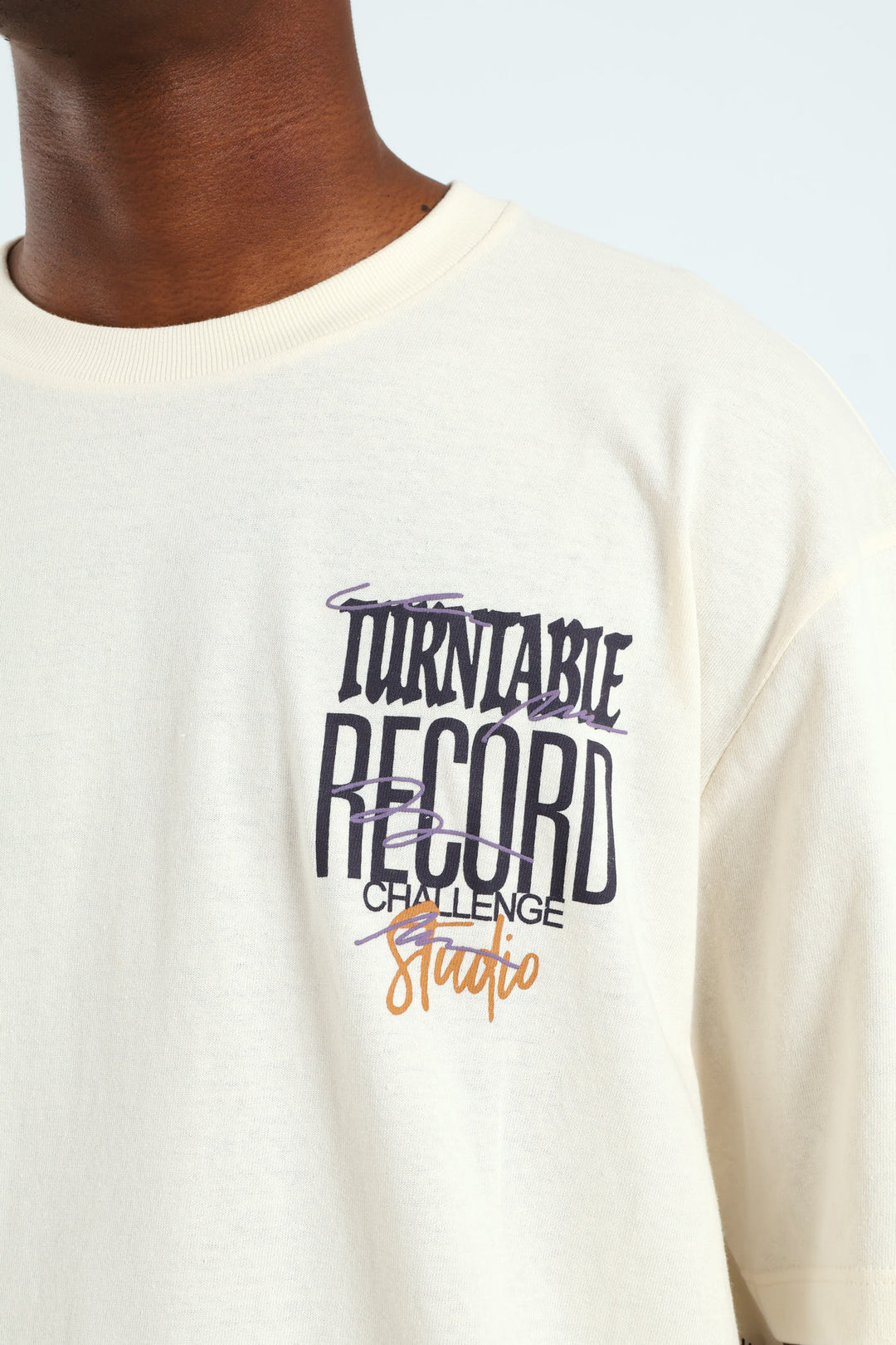 Oversized Record Print Front & Back Tee - Stone