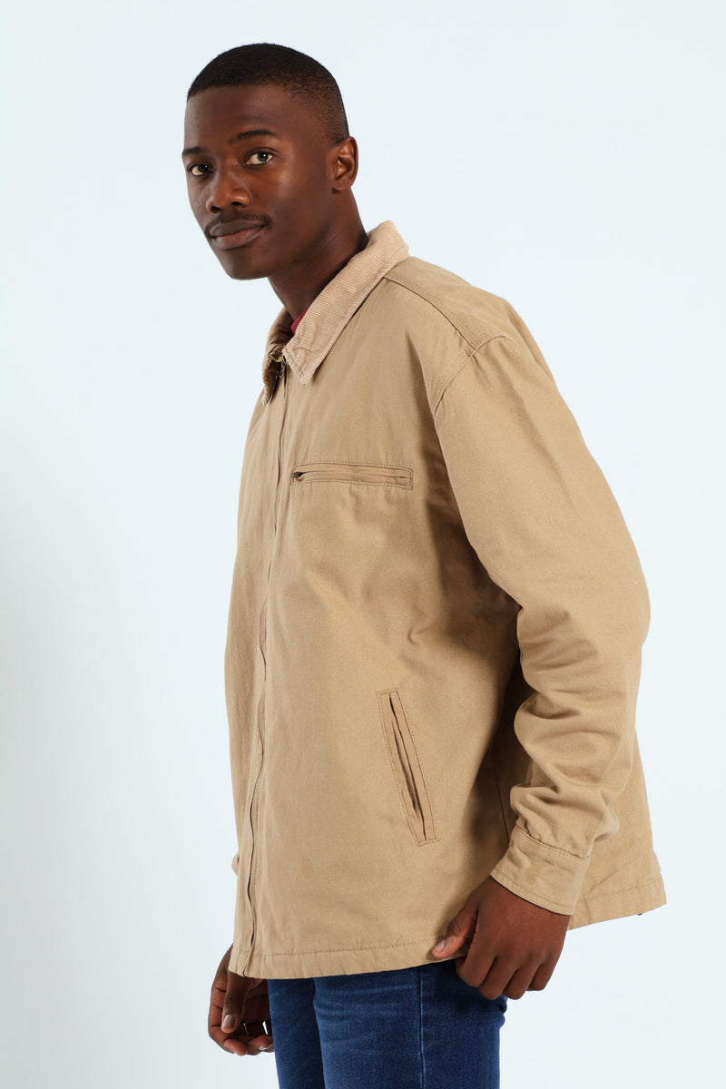 Corduroy Collar Worker Jacket - Taupe