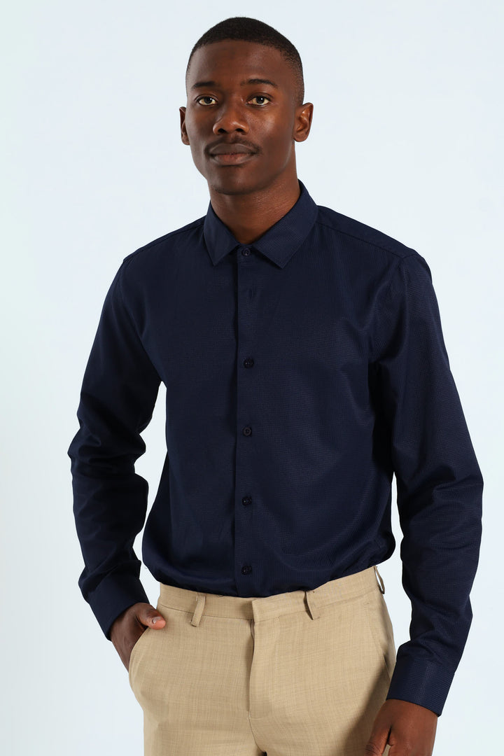 Slim Textured Long Sleeve Shirt - Navy
