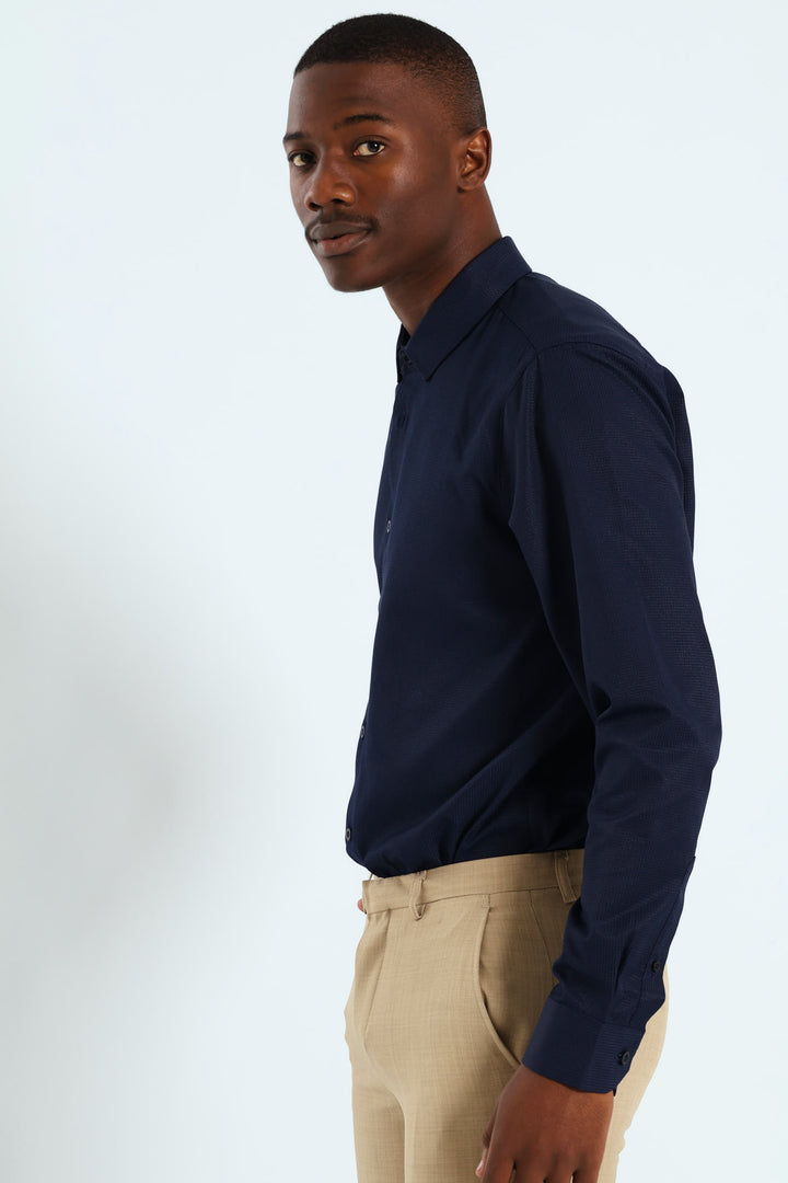 Slim Textured Long Sleeve Shirt - Navy