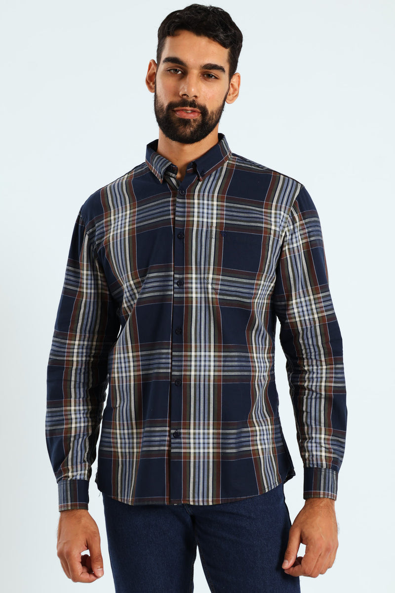 Windowpane Check Shirt - Navy/Brown