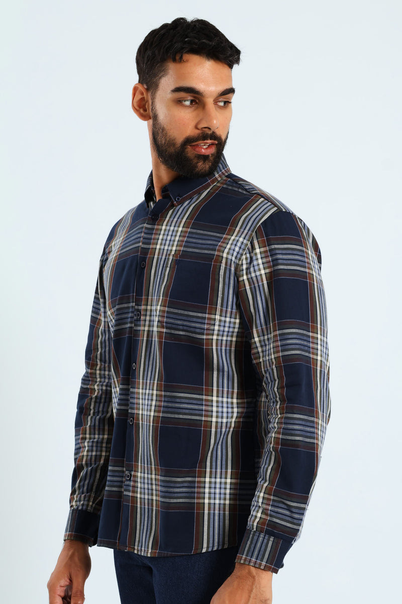 Windowpane Check Shirt - Navy/Brown