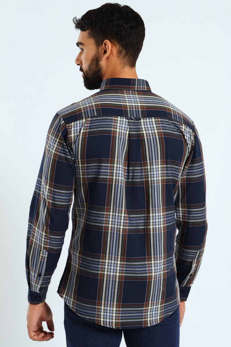 Windowpane Check Shirt - Navy/Brown