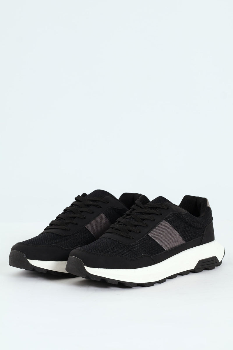 Lace Up Retro Stripe Trainer - Black