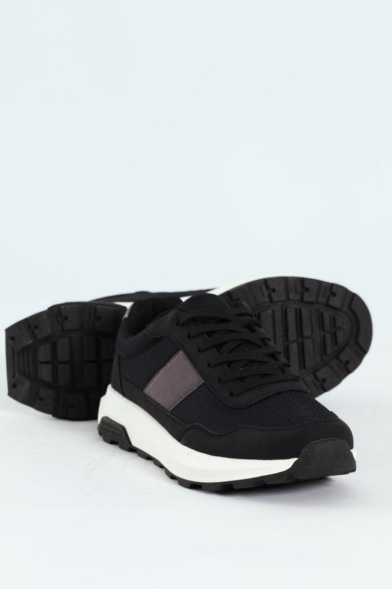 Lace Up Retro Stripe Trainer - Black