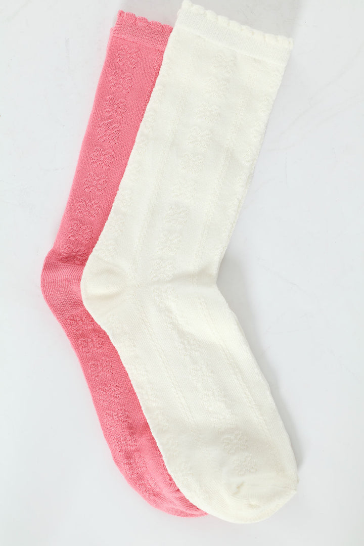 2 Pack Jacquard Flowers Crew Socks - White/Pink