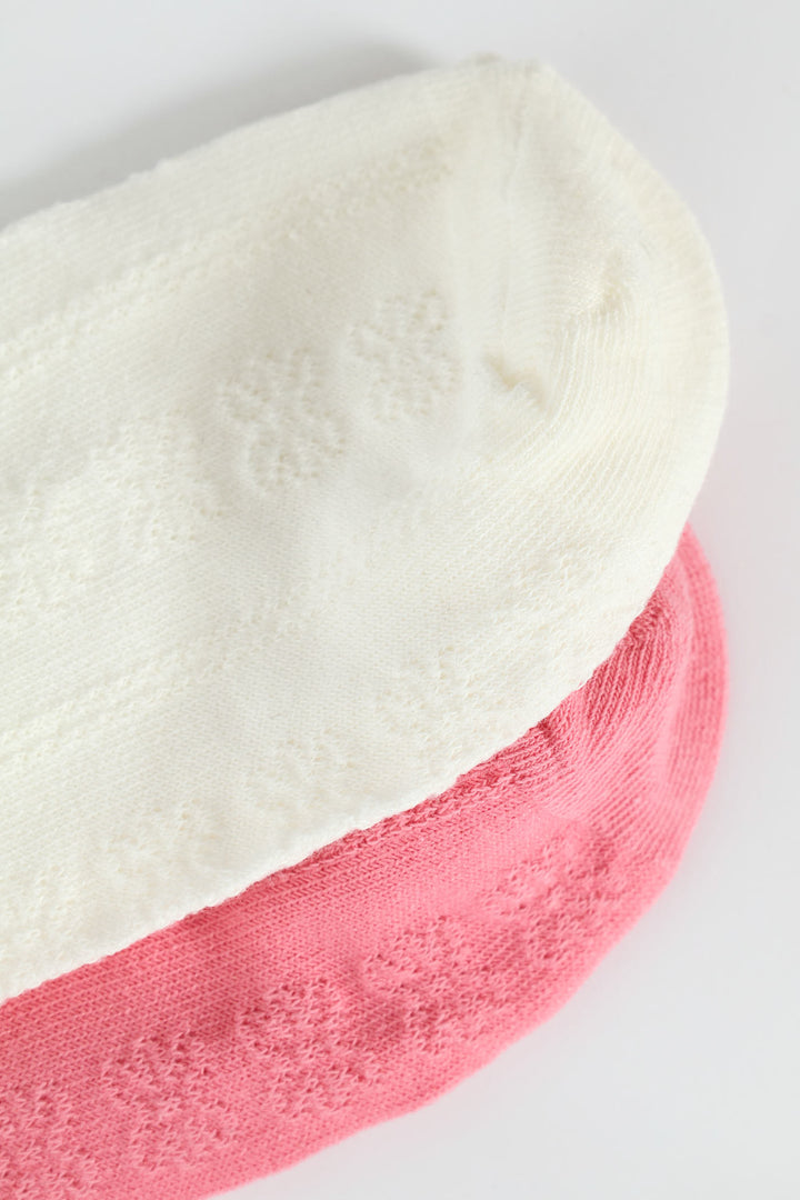 2 Pack Jacquard Flowers Crew Socks - White/Pink