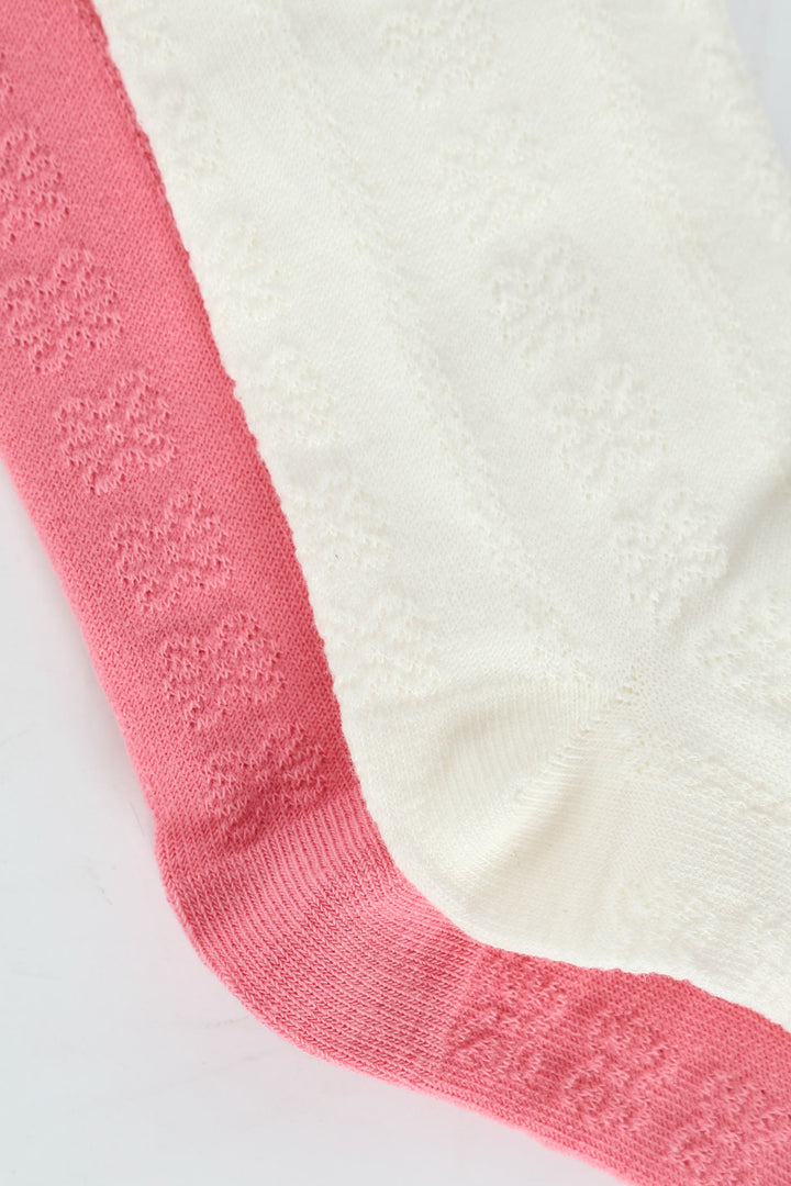 2 Pack Jacquard Flowers Crew Socks - White/Pink