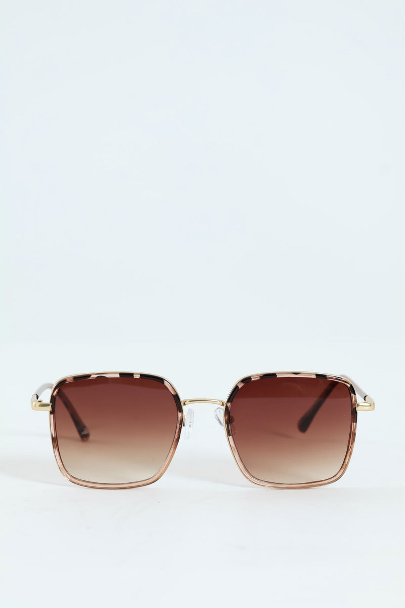 Square Smoke Lens Gold Temple Sunglasses - Light Grey
