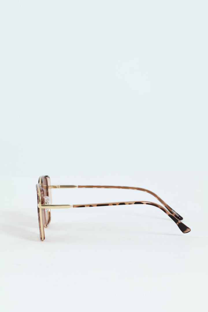 Square Smoke Lens Gold Temple Sunglasses - Light Grey