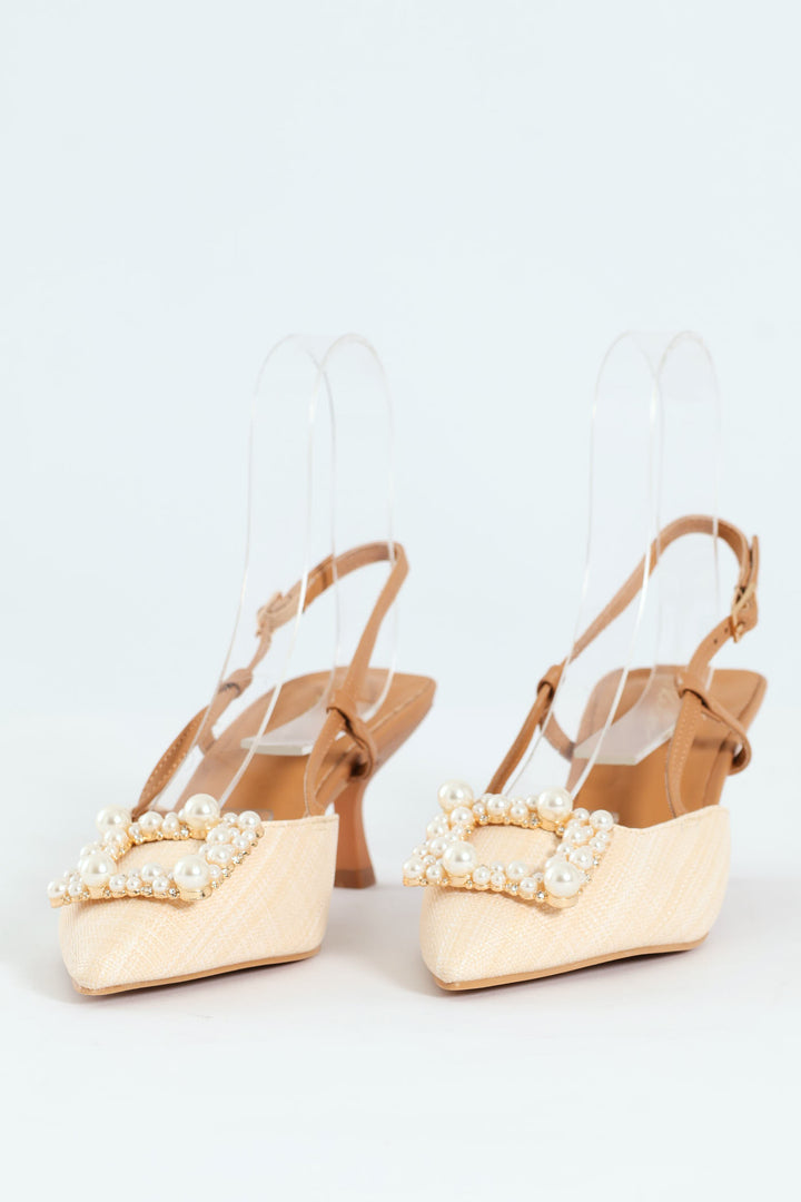 Raffia Slingback With Diamante Kitten Heel - Off White