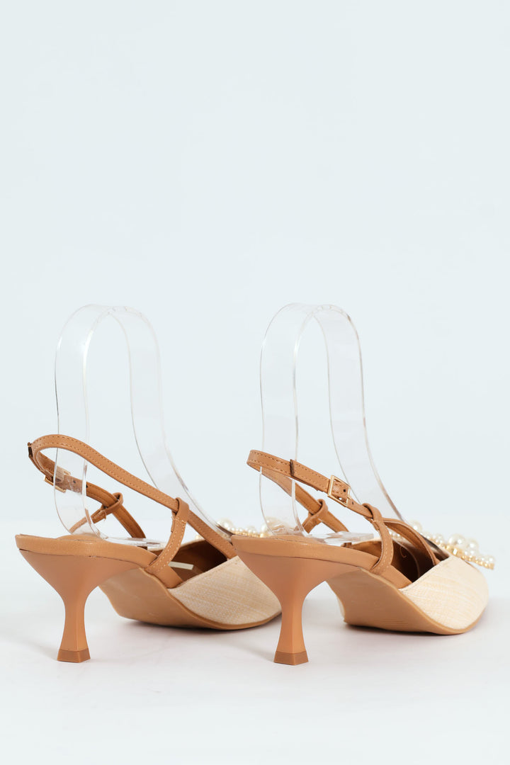 Raffia Slingback With Diamante Kitten Heel - Off White