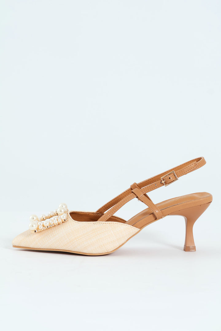 Raffia Slingback With Diamante Kitten Heel - Off White