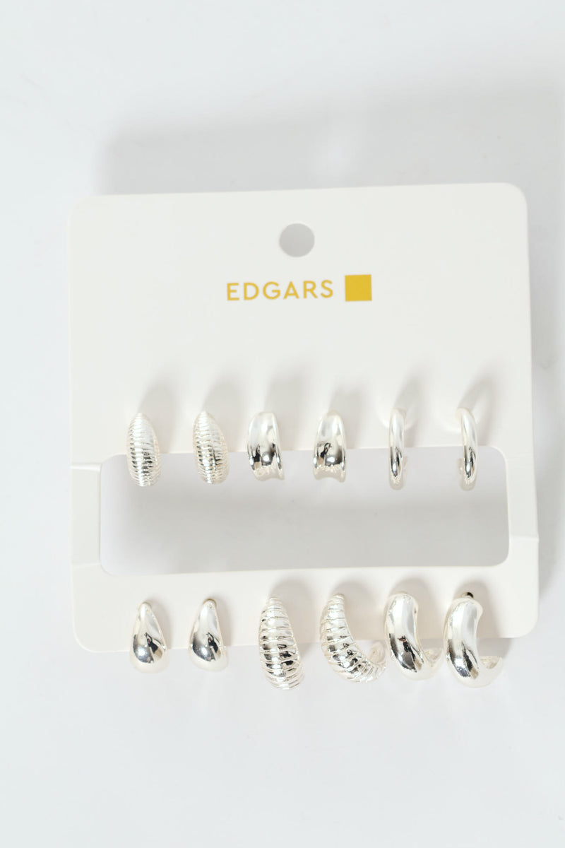 6 Pack Text Hoop Earrings - Silver