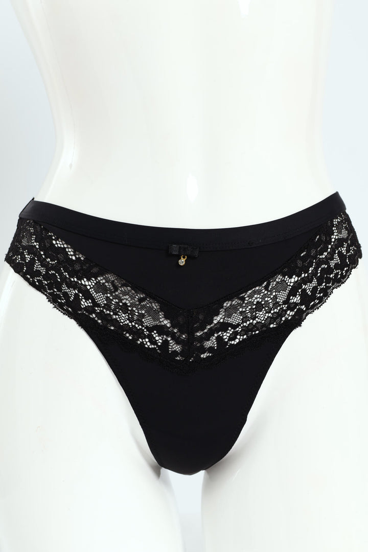 Micro Fibre Lace Thong - Black