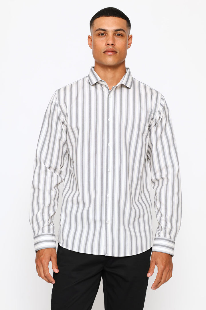 Long Sleeve Double Stripe Printed Shirt - Cream/Grey