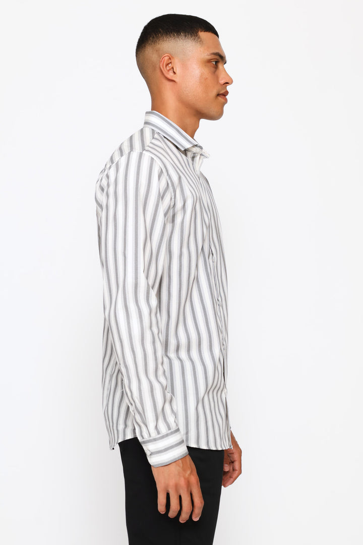 Long Sleeve Double Stripe Printed Shirt - Cream/Grey