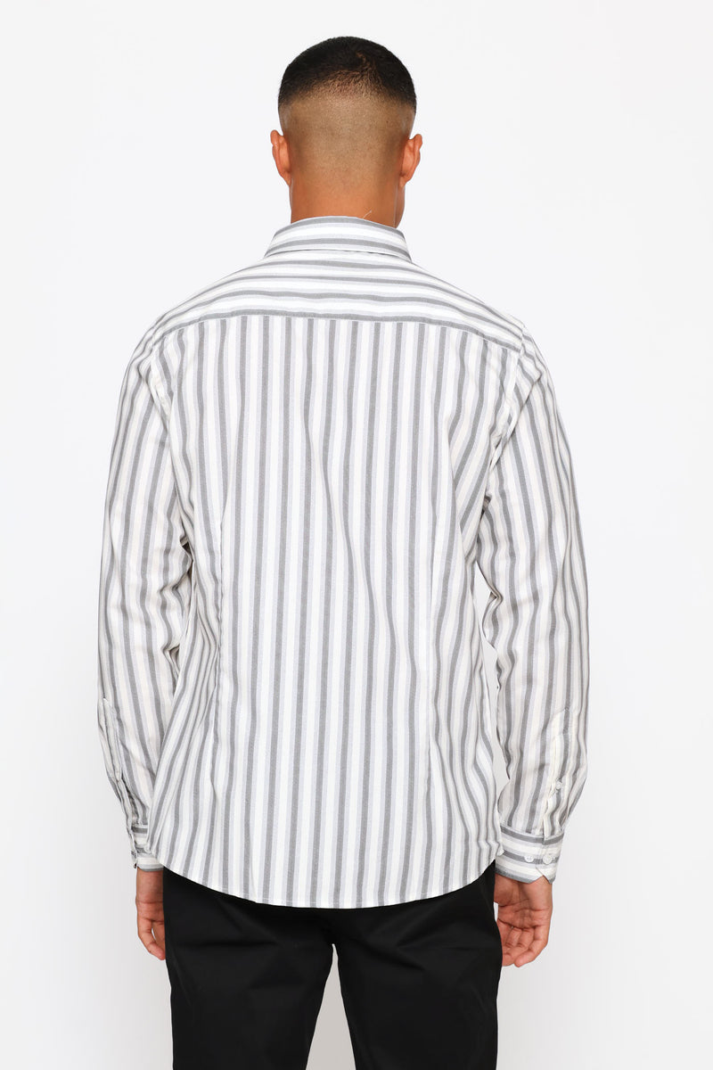 Long Sleeve Double Stripe Printed Shirt - Cream/Grey