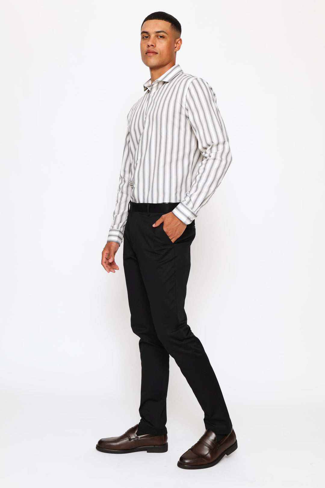 Long Sleeve Double Stripe Printed Shirt - Cream/Grey