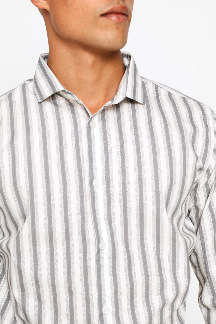 Long Sleeve Double Stripe Printed Shirt - Cream/Grey