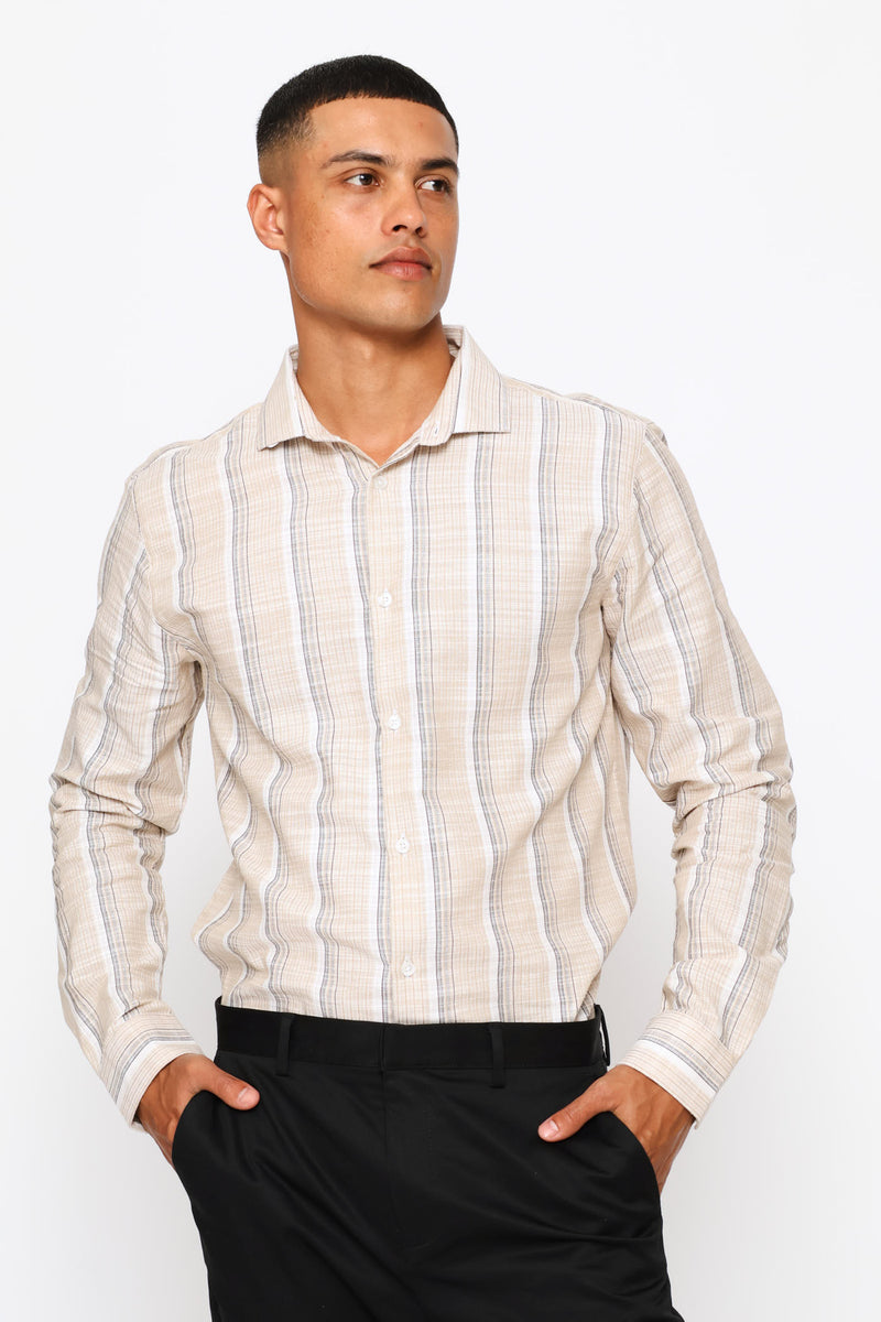 Long Sleeve Multi Stripe Textured Shirt - Stone