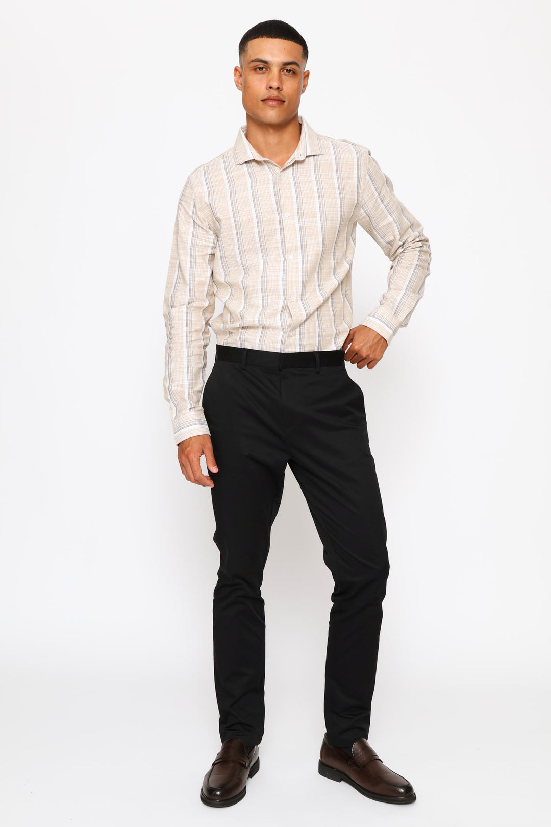 Long Sleeve Multi Stripe Textured Shirt - Stone