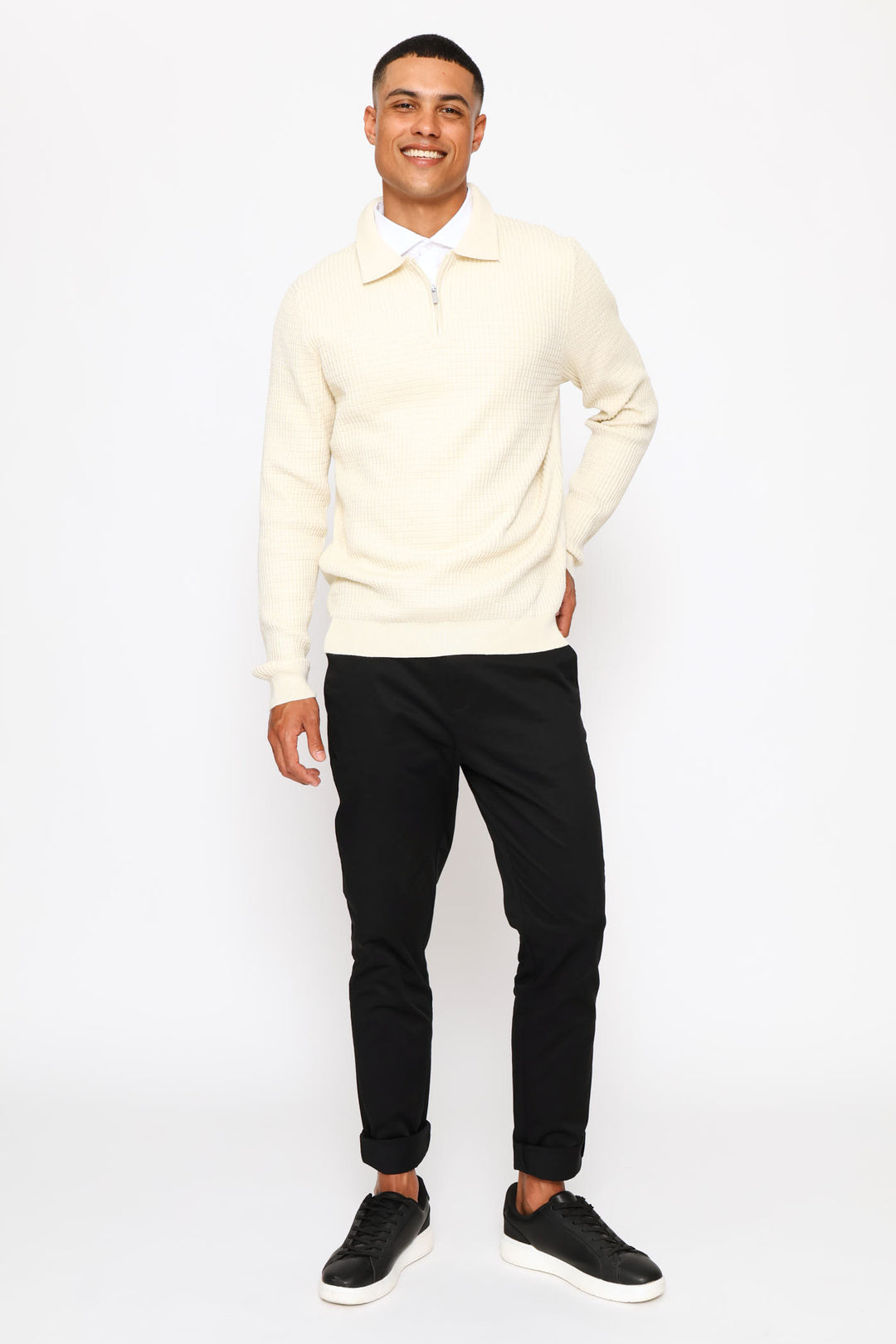 Long Sleeve Waffle Weave Quarter Zip Pullover - Ecru