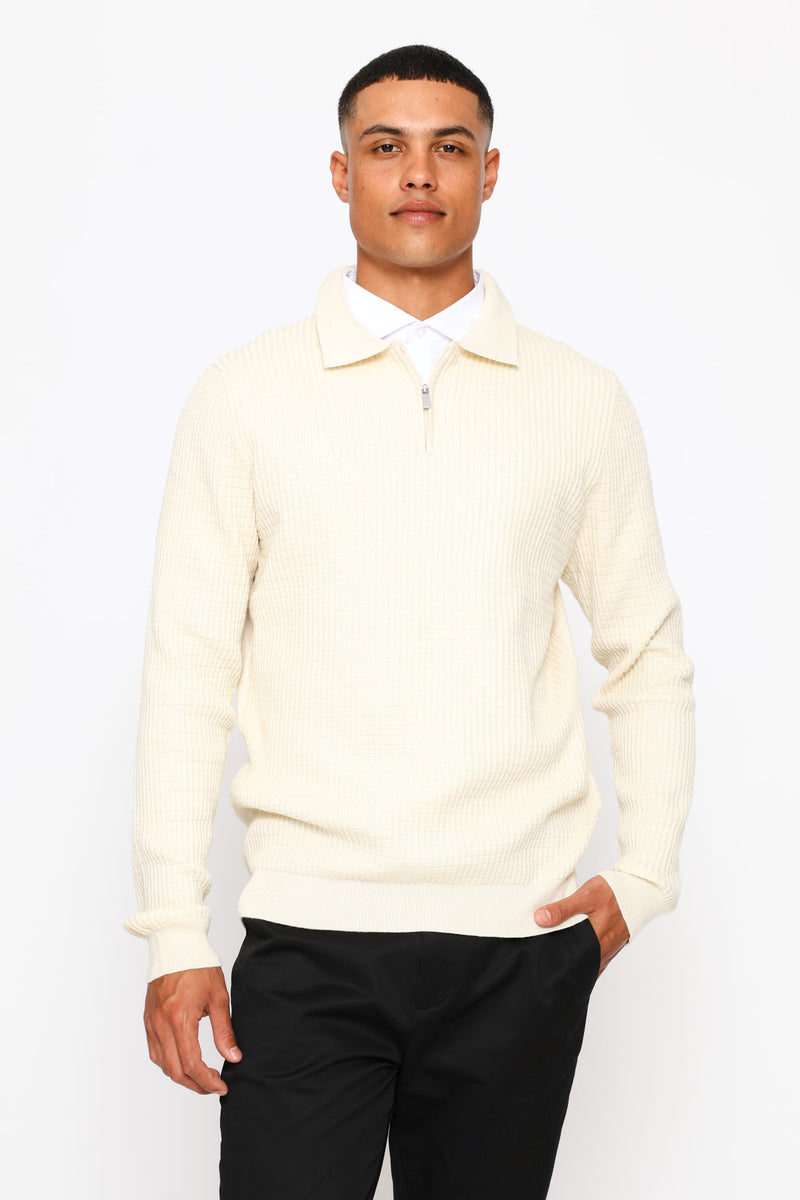 Long Sleeve Waffle Weave Quarter Zip Pullover - Ecru