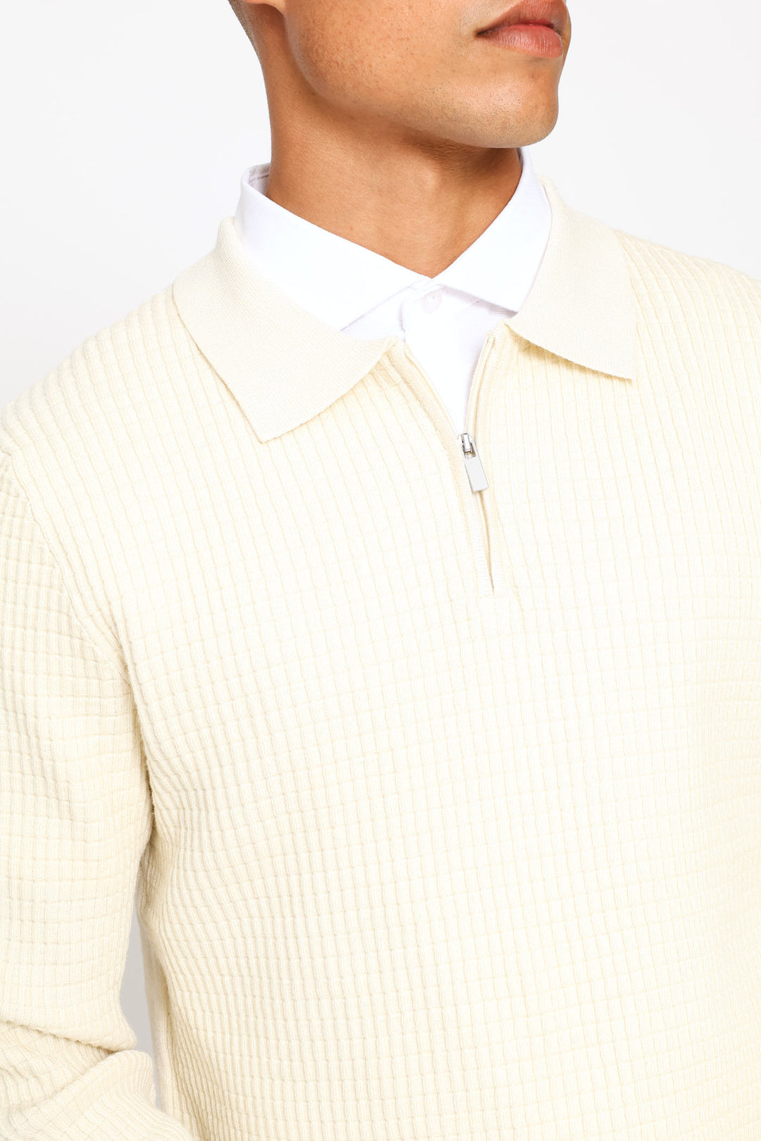 Long Sleeve Waffle Weave Quarter Zip Pullover - Ecru