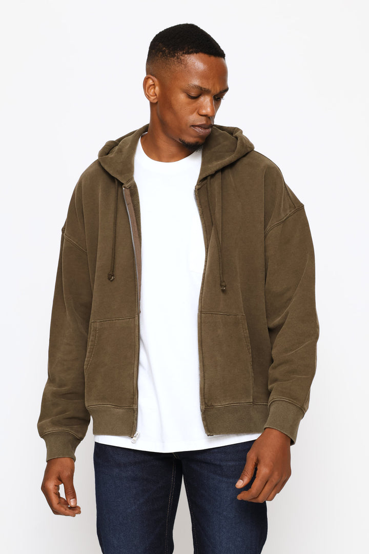 Hayes Boxy Full Zip Grunge Sweater - Brown