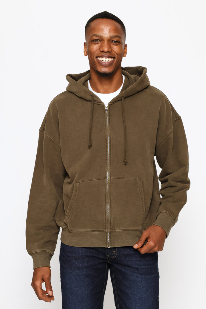 Hayes Boxy Full Zip Grunge Sweater - Brown