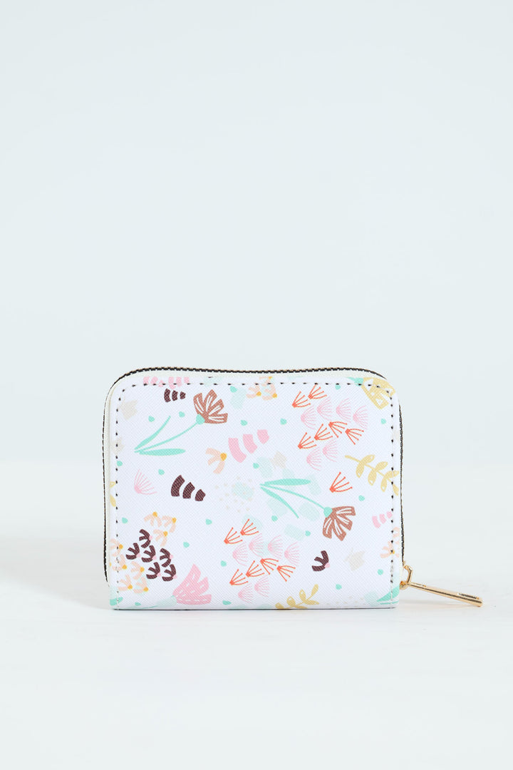 Floral Print Zip Around Purse - White