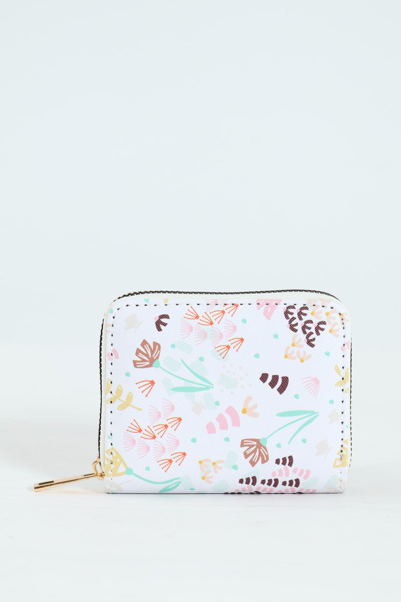 Floral Print Zip Around Purse - White