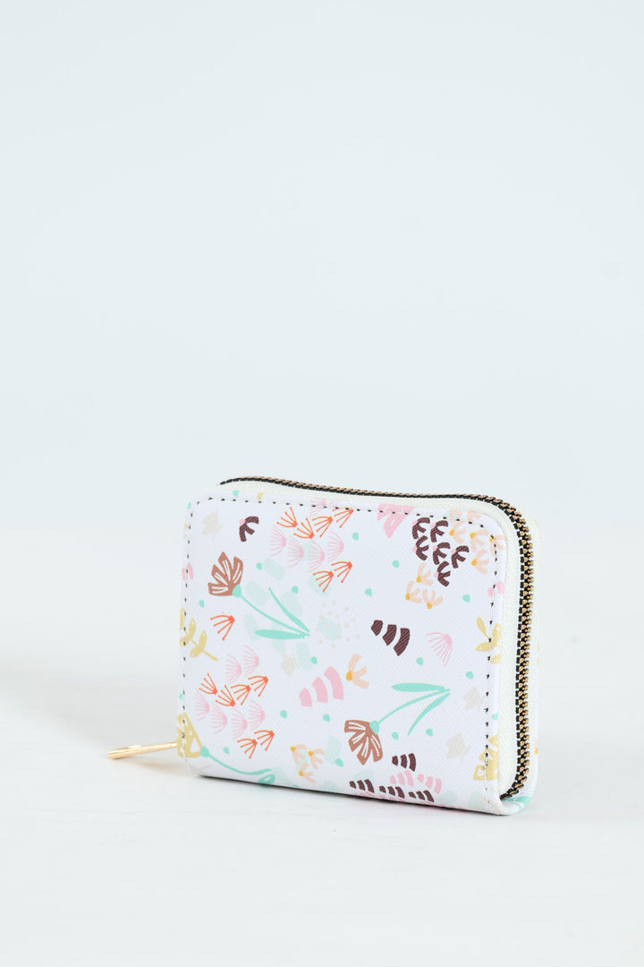 Floral Print Zip Around Purse - White