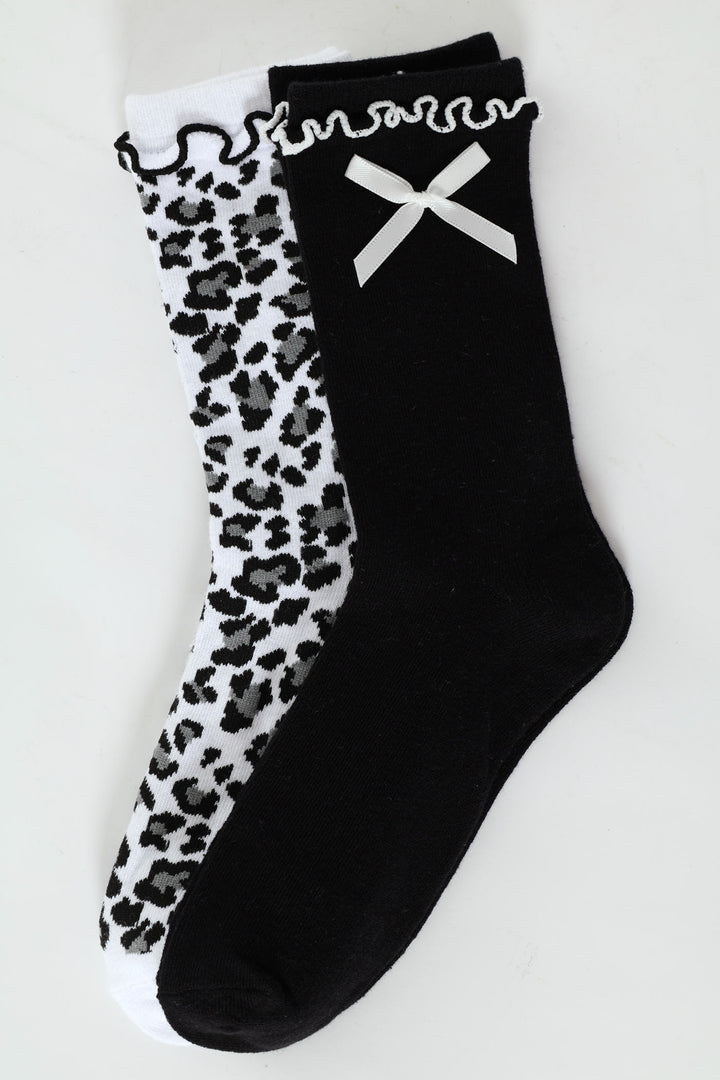 Girls 2 Pack Animal Print Bow Fashion Anklet Socks - Black