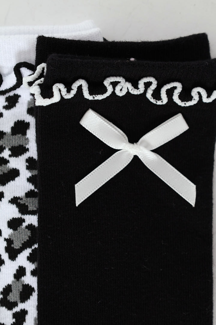 Girls 2 Pack Animal Print Bow Fashion Anklet Socks - Black