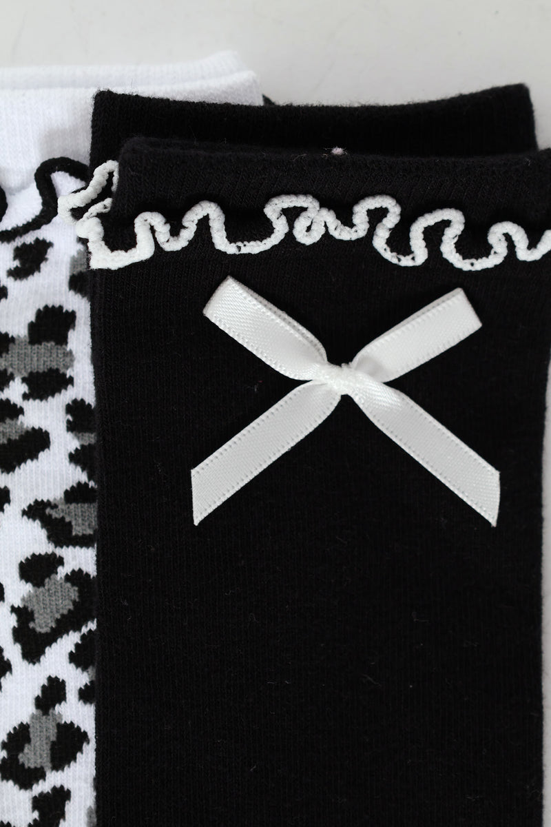 Girls 2 Pack Animal Print Bow Fashion Anklet Socks - Black
