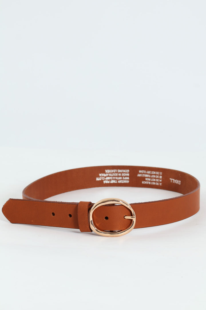 Gold Buckle 3Cm Leather Belt - Tan