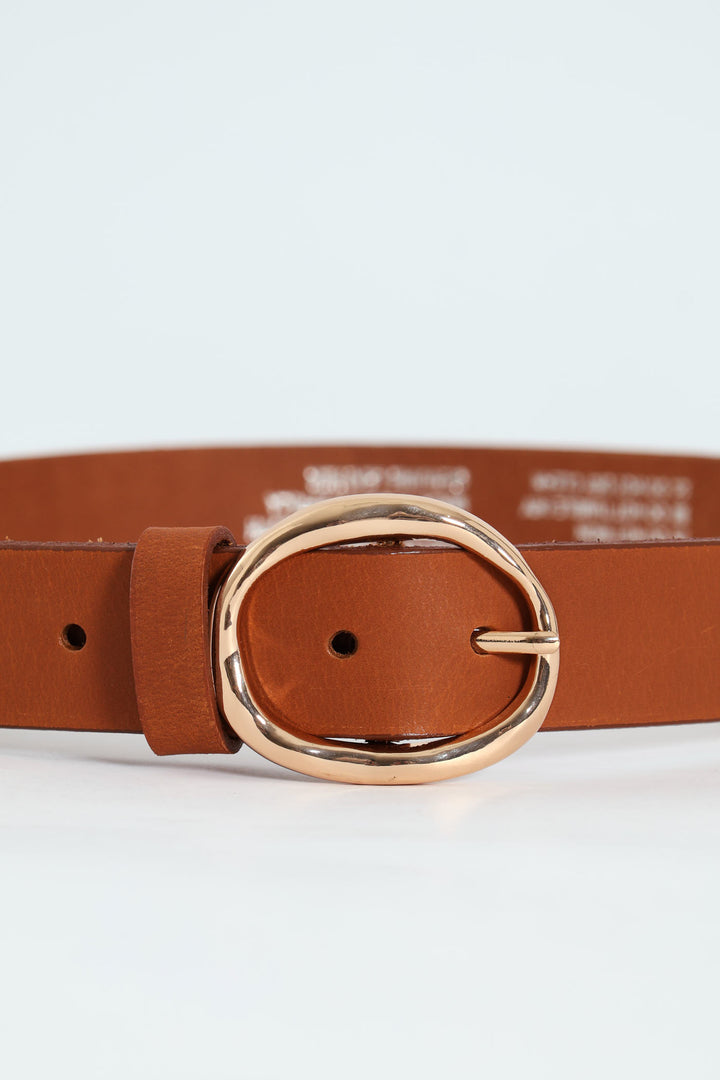 Gold Buckle 3Cm Leather Belt - Tan