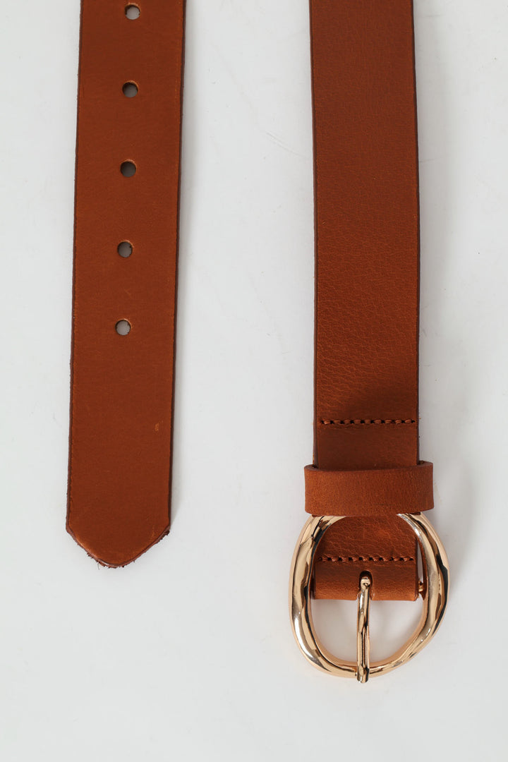 Gold Buckle 3Cm Leather Belt - Tan