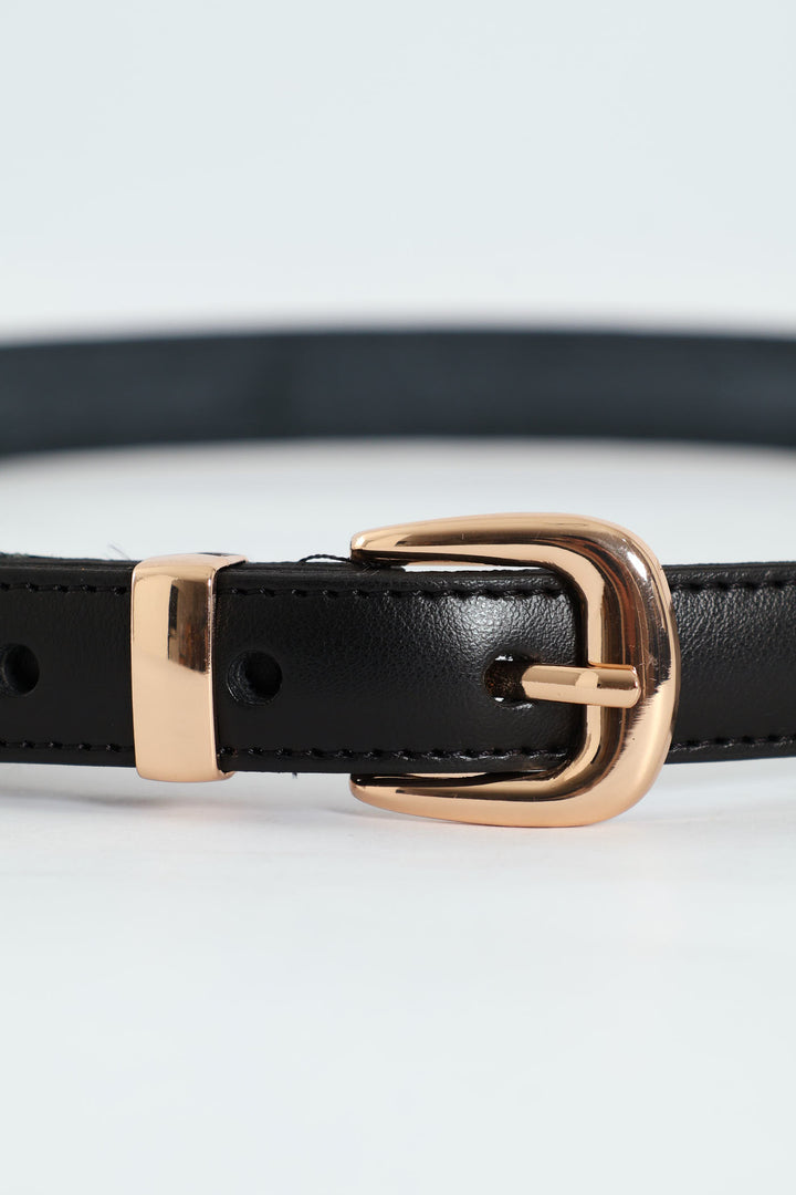 Shiney Gold Buckle 2Cm Leather Belt - Black