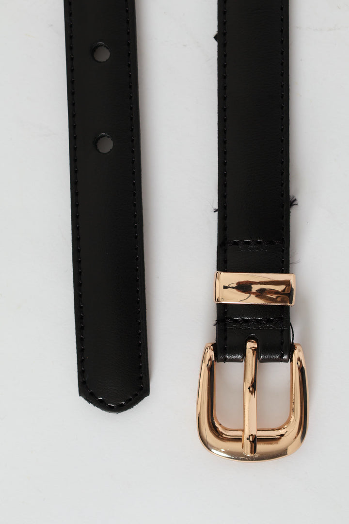 Shiney Gold Buckle 2Cm Leather Belt - Black