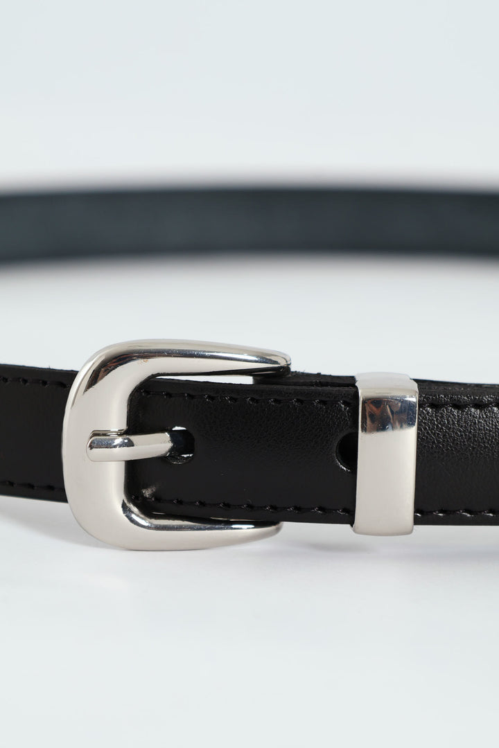 Shiney Buckle 2Cm Leather Belt - Black