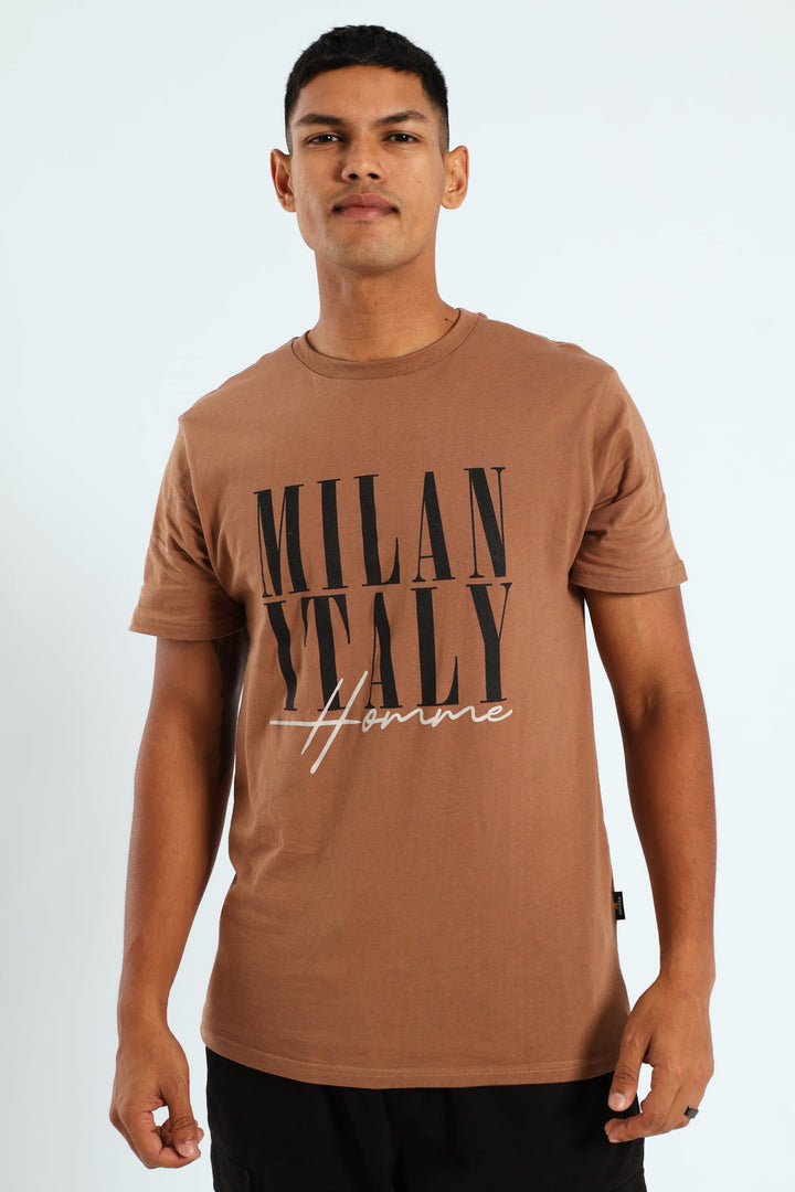 Short Sleeve Basic Print T-Shirt - Brown