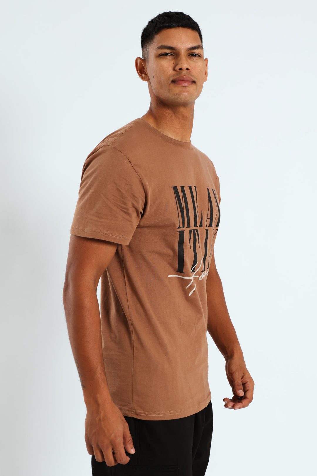 Short Sleeve Basic Print T-Shirt - Brown