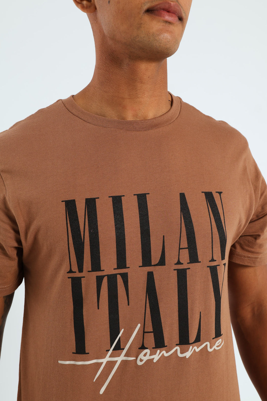 Short Sleeve Basic Print T-Shirt - Brown