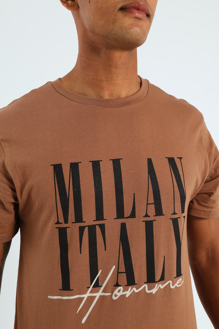 Short Sleeve Basic Print T-Shirt - Brown