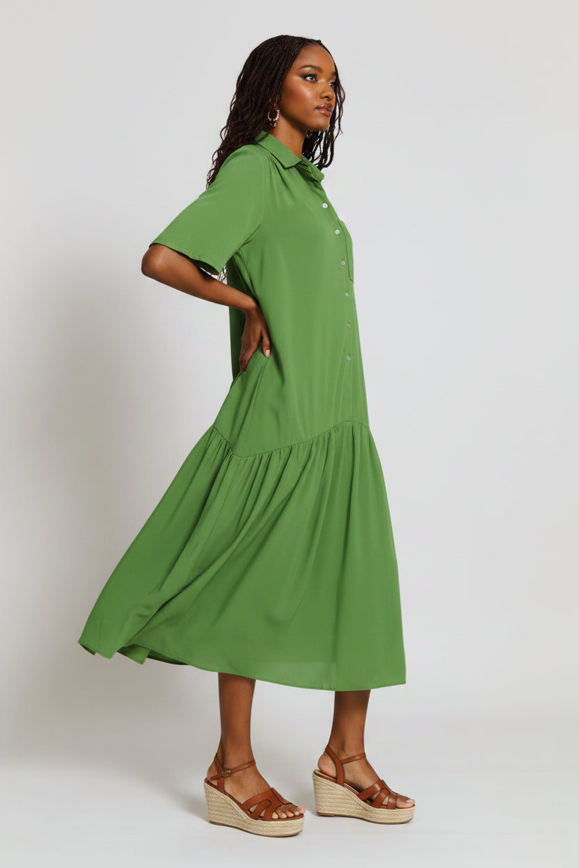 Curved Drop Waist Midi Shirt Dress - Deep Chartreuse