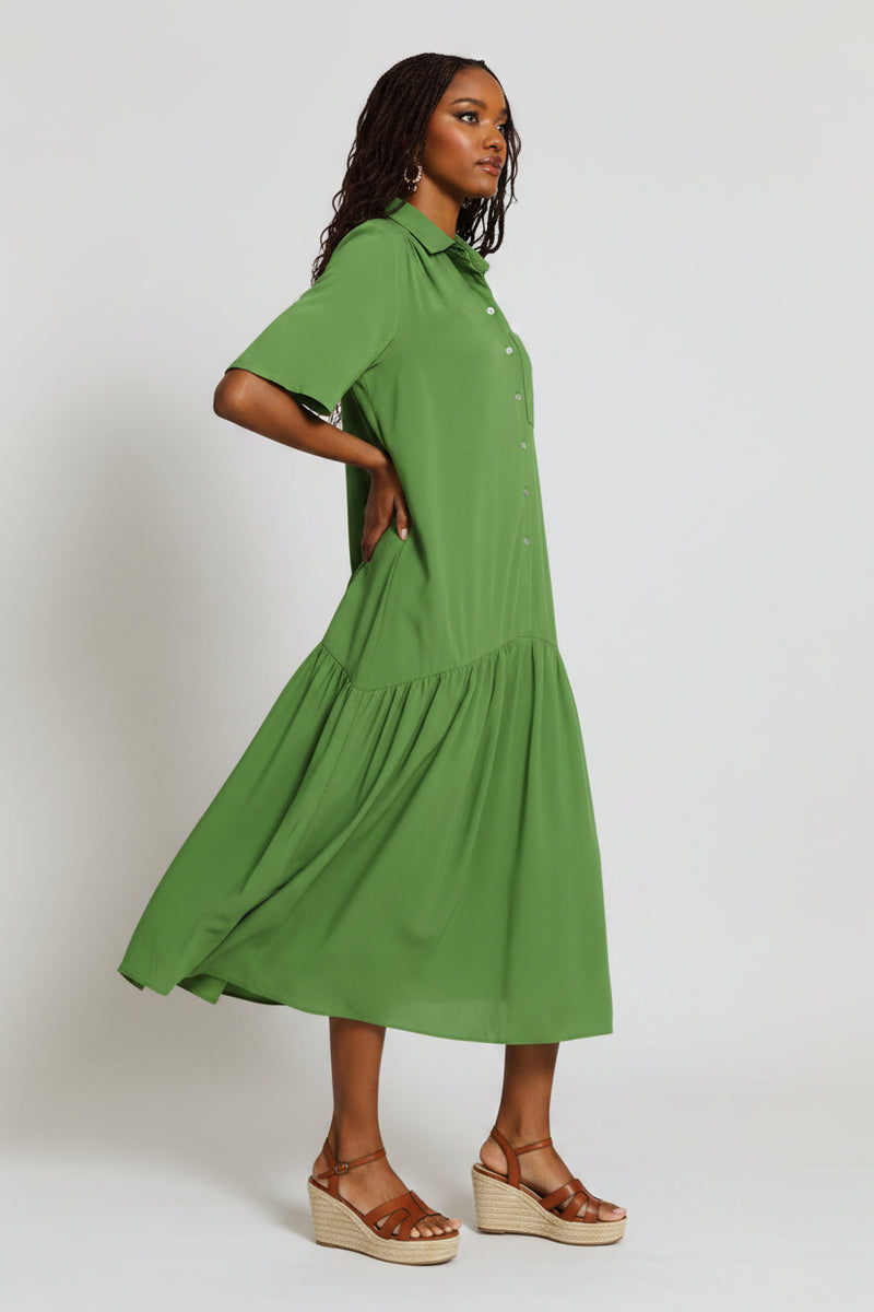 Curved Drop Waist Midi Shirt Dress - Deep Chartreuse