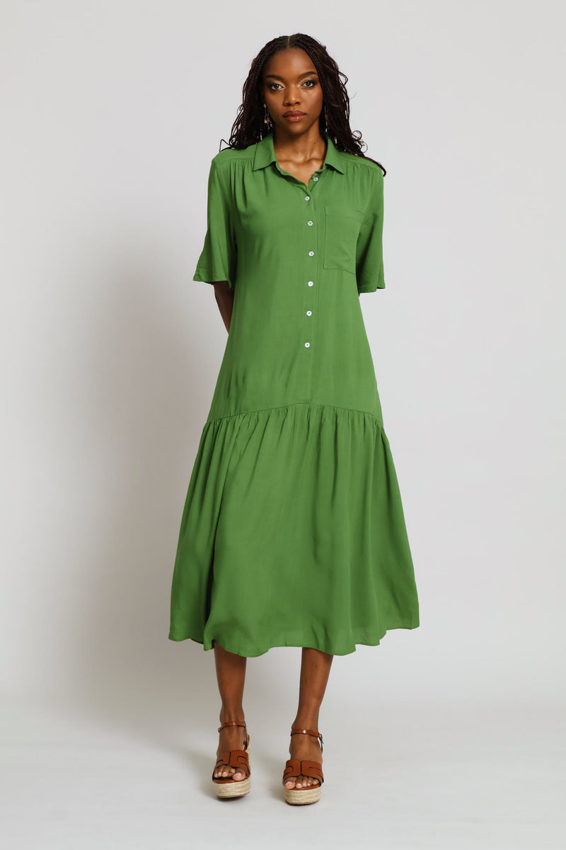 Curved Drop Waist Midi Shirt Dress - Deep Chartreuse